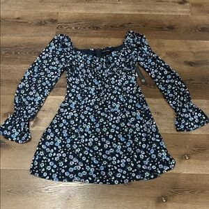 AS U WISH Boho Ditsy Floral Print Puff SLV Square Neck Empire Waist Dress Med